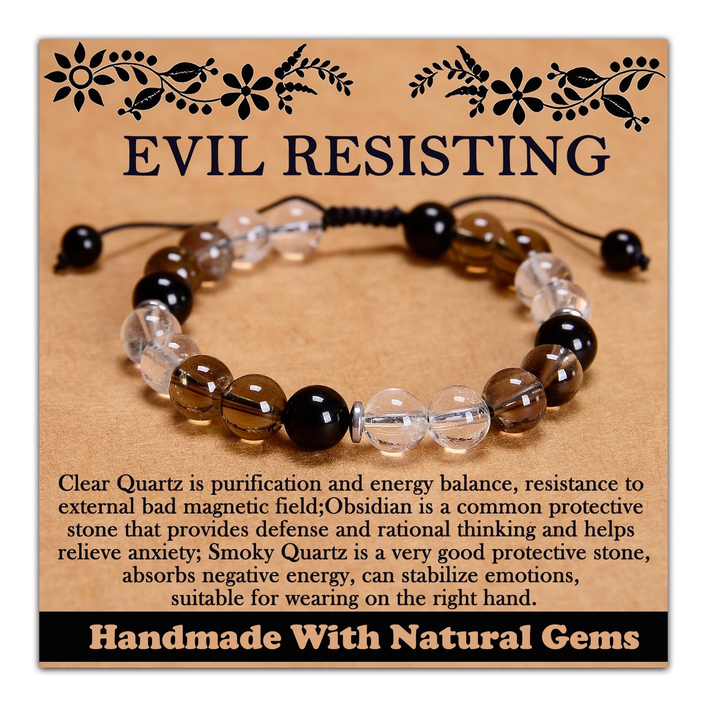 CHCCOYE 8mm Handmade Adjustable Natural Gemstone Crystal Bracelet Healing Power Energy Inspirational Gifts with Card for Unisex (Negative Resistance)