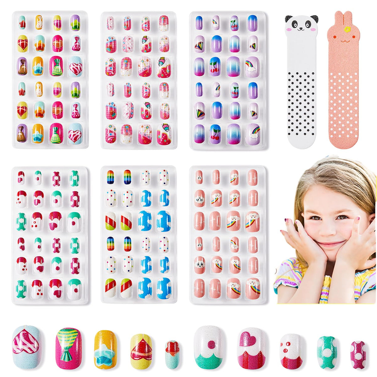 Modelones Press on Nails for Kids 144Pcs 6 Pack Children Acrylic Fake Nails Pre-glue Full Cover Glitter Gradient Color Rainbow Candy Short False Nail Kits Sets Thanksgiving Christmas Gifts for Girls