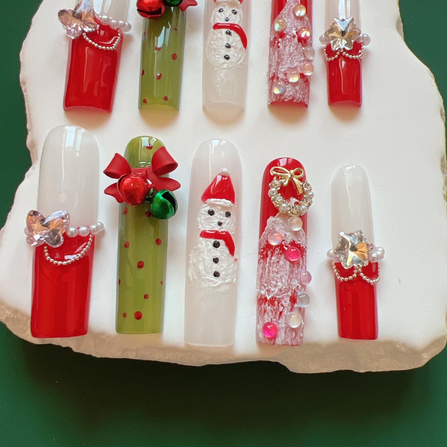 NAIL ANGEL 10PCS/SET Glamorous Handmade Press On Nails Christmas Xmas Holiday Bell Snowflake French Style Long Coffin Nails Party Nails XXL Long Artifical Tips ZJ14 (ZJ14, S)
