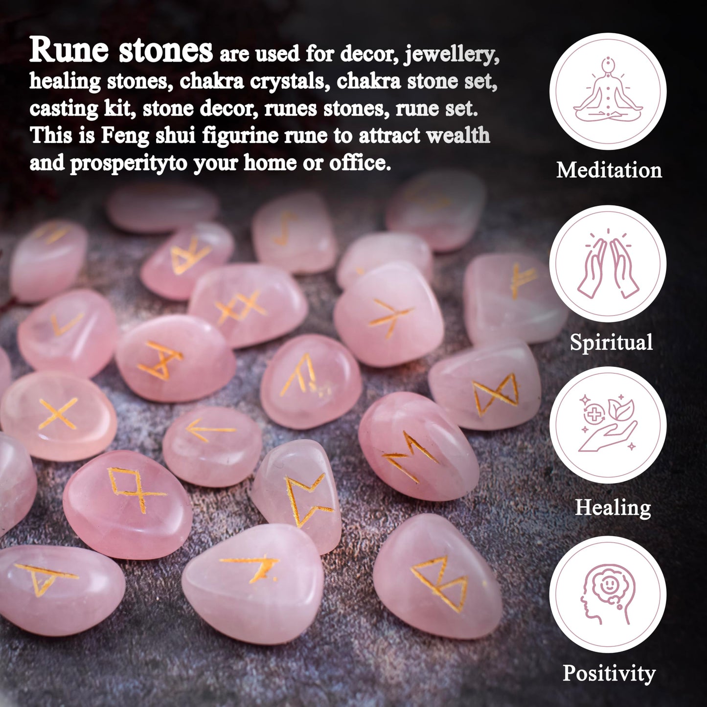 Crocon Rose Quartz Gemstone Rune Stone with Elder Futhark Alphabet Engraved Symbol 25 pcs Set for Feng Shui Reiki Crystal Healing Chakra Balancing Gift Home Decor Size: 15-20 mm
