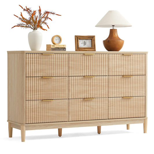 LINSY Fluted Dresser for Bedroom with 9 Drawers, Mid Century Modern Chest of Drawers with Gold Metal Handles, Wide Boho Wood Dressers, Large Farmhouse Storage Cabinet for Bedroom, Living Room, Oak