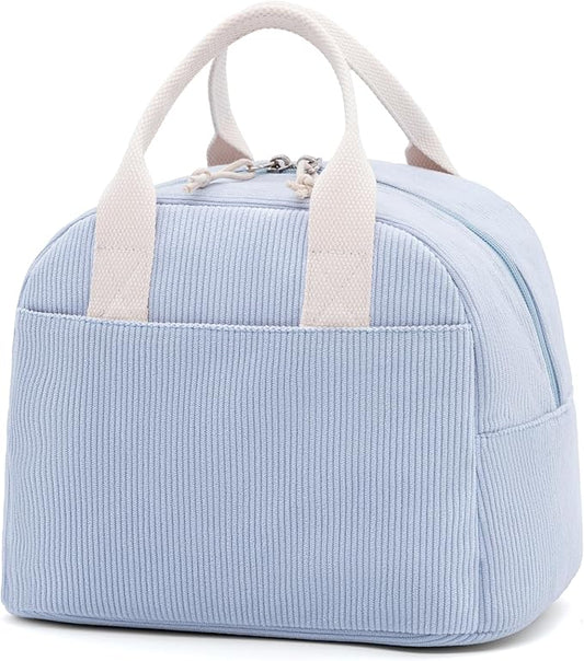 LOVELYWIND Insulated Cloud Blue Lunch Bag for Women, Stylish Corduroy Tote with Aluminum Lining, Large Capacity Reusable Cooler for Work, Travel, Beach or Picnic, Cloud Blue Water-Resistant Lunch Box