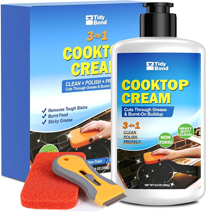 Glass Cooktop Cleaner & Polish Kit â Heavy Duty Stove Top Cleaner with Scraper & Scrubbing Pad, Removes Burnt-On Food, Grease & Tough Stains, Safe for Induction, Electric & Ceramic Cooktops â 8.8 oz