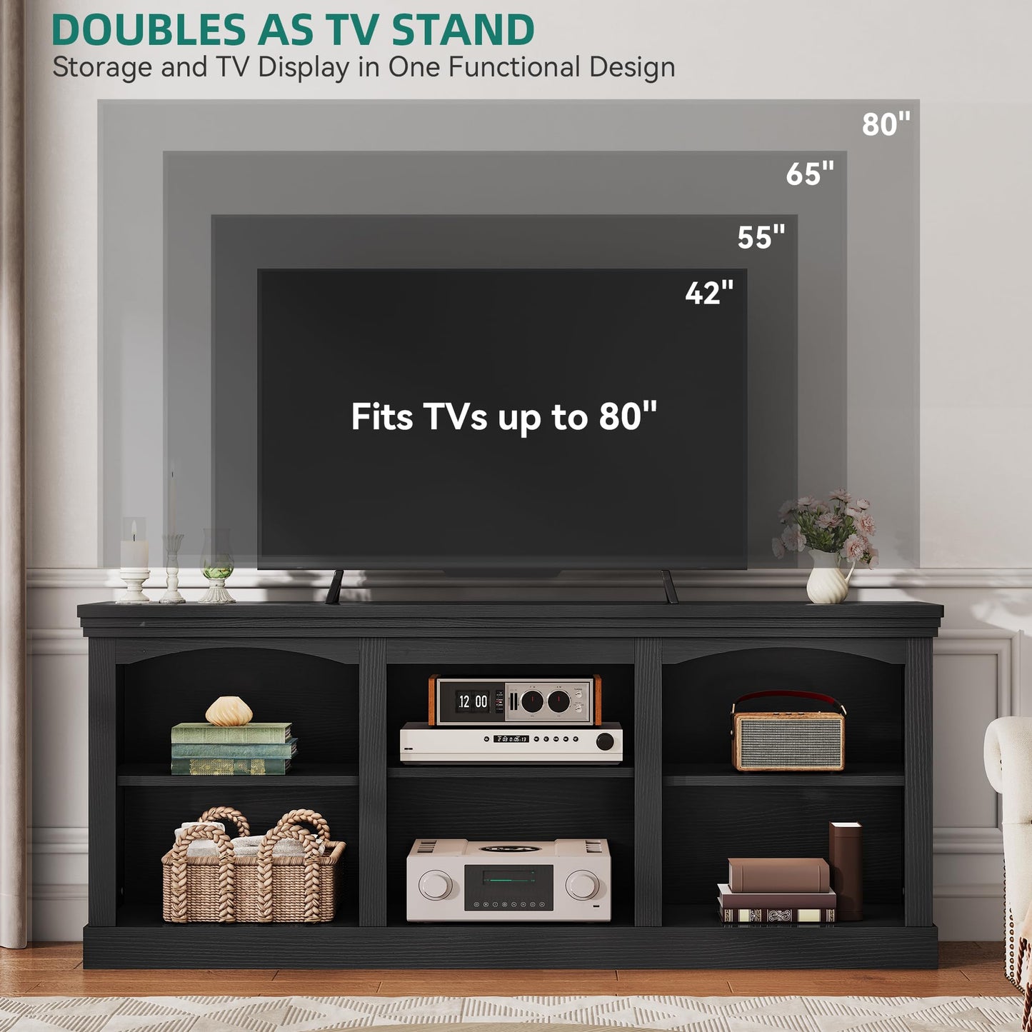 YITAHOME Farmhouse TV Stand with Cord Management for 75/80 Inch TV, Entertainment Center with Adjustable Shelf & Open Storage, 70" TV Console Table for Living Room (Black)
