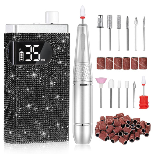 CHRISTINE SHELLY Rechargeable 35000RPM Nail Drill Sparkling Portable Professional Electric Nail File for Acrylic/Gel Nails Professional Nail Tools for Manicure Pedicure, Black Diamond