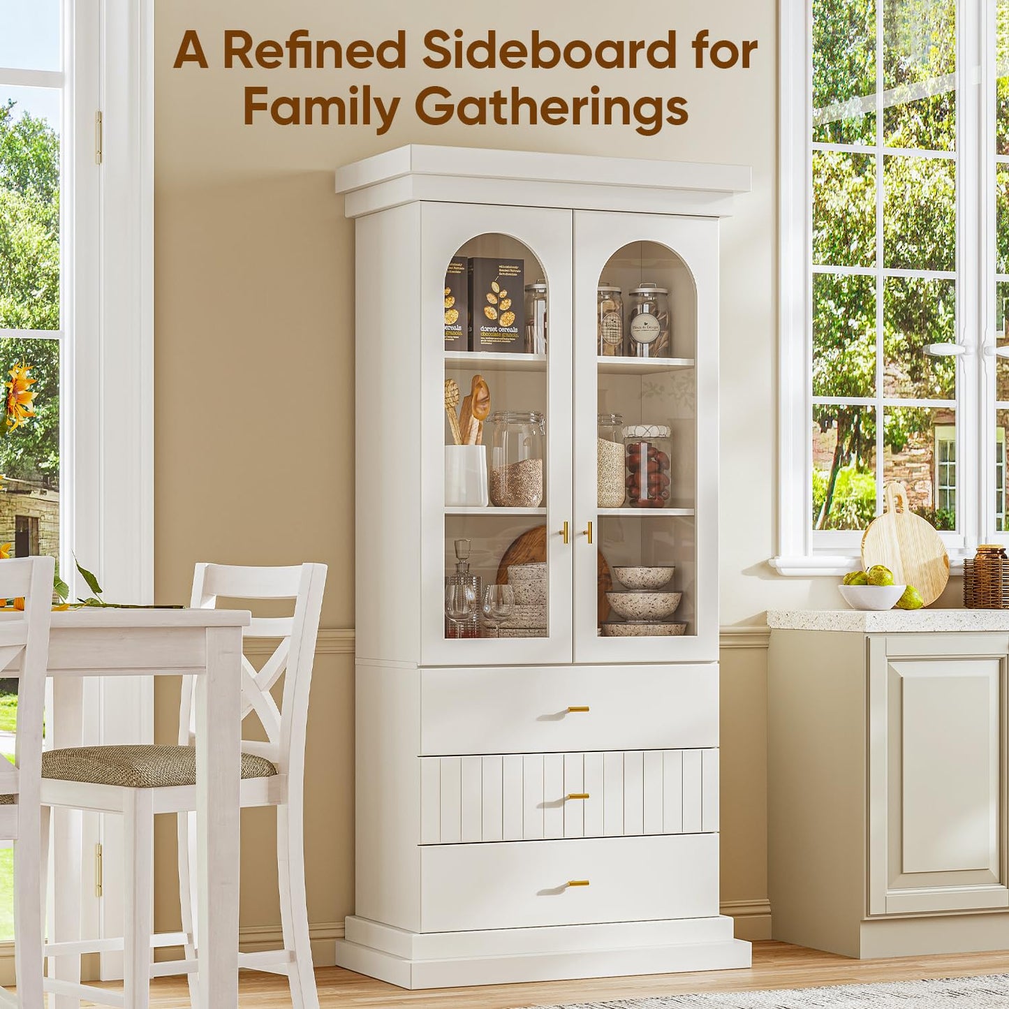 Vyre 71" Arched Kitchen Cabinet, Glass Door Display and Tall Storage Cabinets with Drawers, Modern Pantry for Dining Room or Living Room, White with Gold Handles, 3 of Set