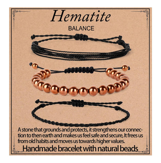 QOGIR Handmade Healing Bracelet,8mm Natural Copper Hematite Gem Stone Beads Bracelet for Men Women Gifts with 2PCS Size Adjustable Rope Bracelets
