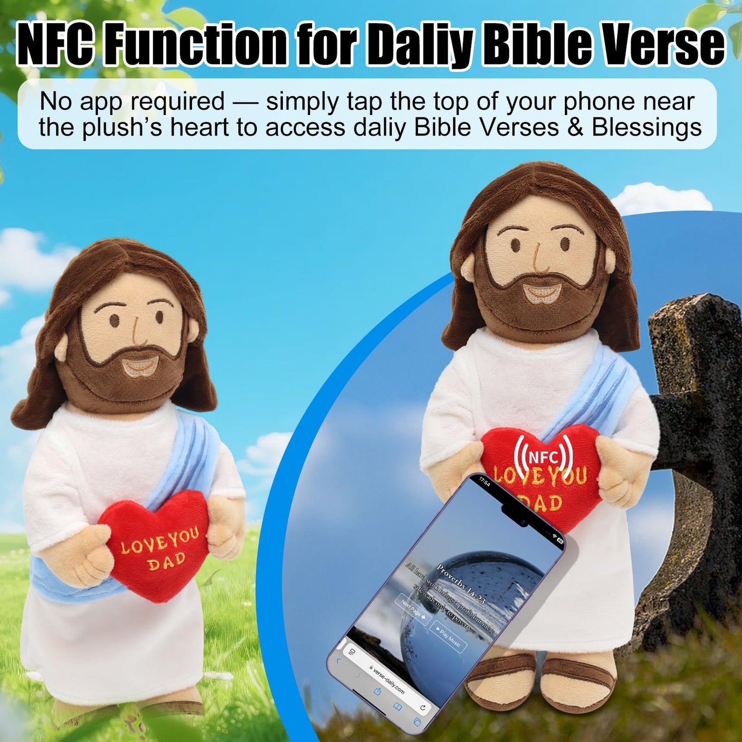 Yelakey 14" Jesus Plush with NFC Daily Bible Verse,Love You Dad Stuffed Doll Plushie Religious Party Favor Christian Toys for Kids