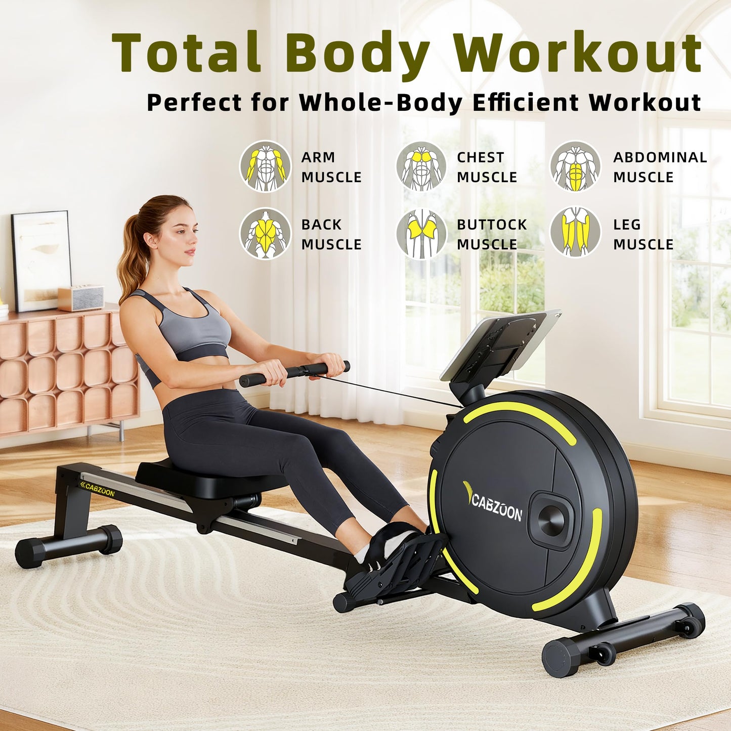 CABZOON Rowing Machines for Home，Magnetic Rowing Machine，Max 265lbs Weight Capacity, Quiet Rower with Tablet Holder，16 Levels of Resistance