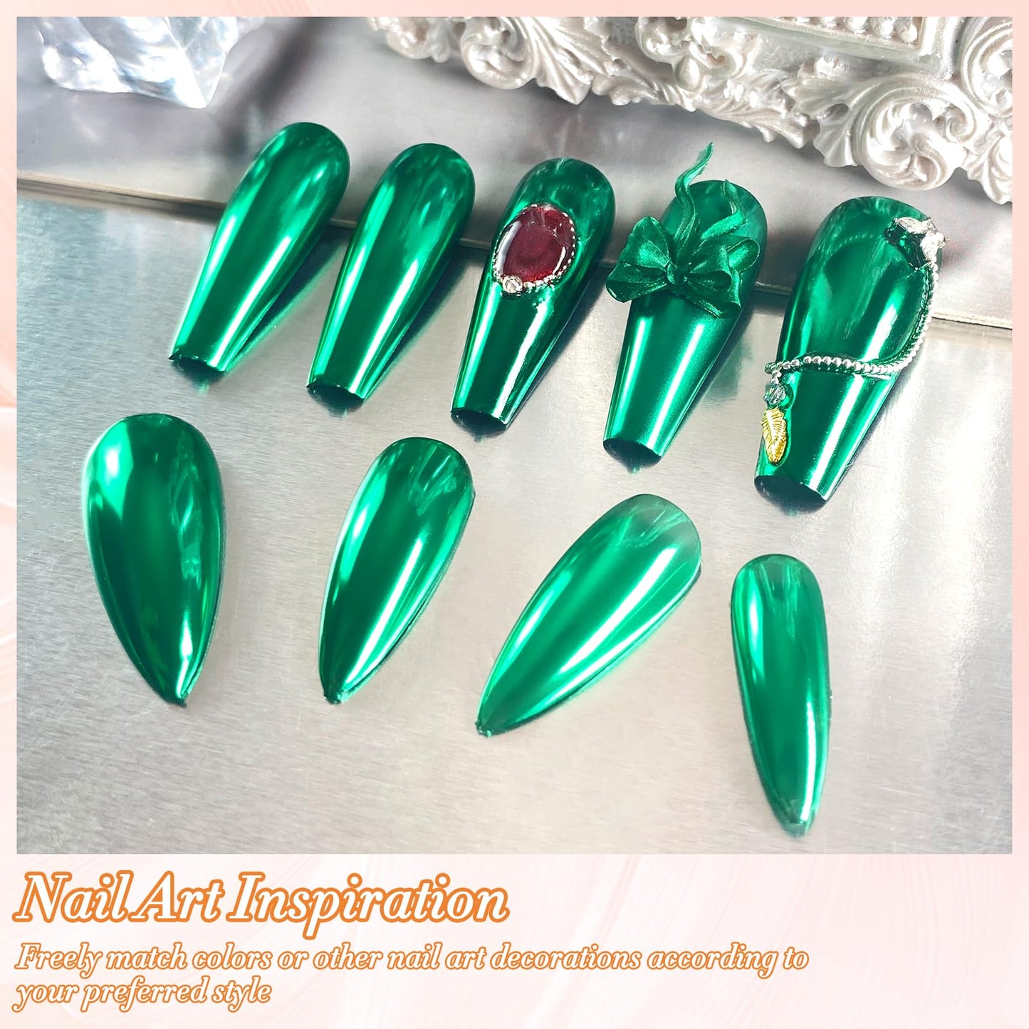 FNNZ Chrome Nail Powder, Emerald Metallic Nail Powder Pigment Premium Mirror Effect Green Nail Art Glitter Dust for Gel Polish Decoration Home DIY Nail Salon Manicure Nail Supplies