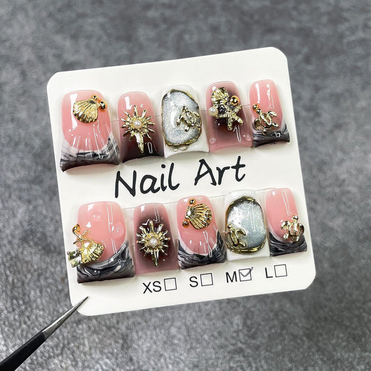 10Pcs Medium Handmade Press on Nails Duck Fake Nails Black French Tip False Nail with 3D Seashell Pearl Design Handmade Duck Nails Press ons Reusable Acrylic Stick on Nails Ocean Nail for Women (M)