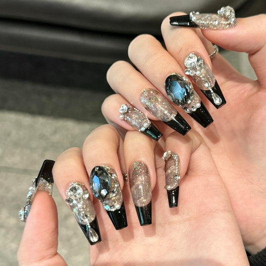 Handmade Press On Nails Long Square Reusable Stick On Fake Nails Luxury Elegant Sexy Style For Women Gift With Nail Glue Black L