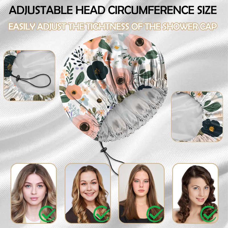 Deokke 2 PCS Shower Cap Reusable Waterproof Adjustable Double Layer Elastic Dry Hair Bathing Caps Aesthetic Cute for Women Girls-Pink Flower