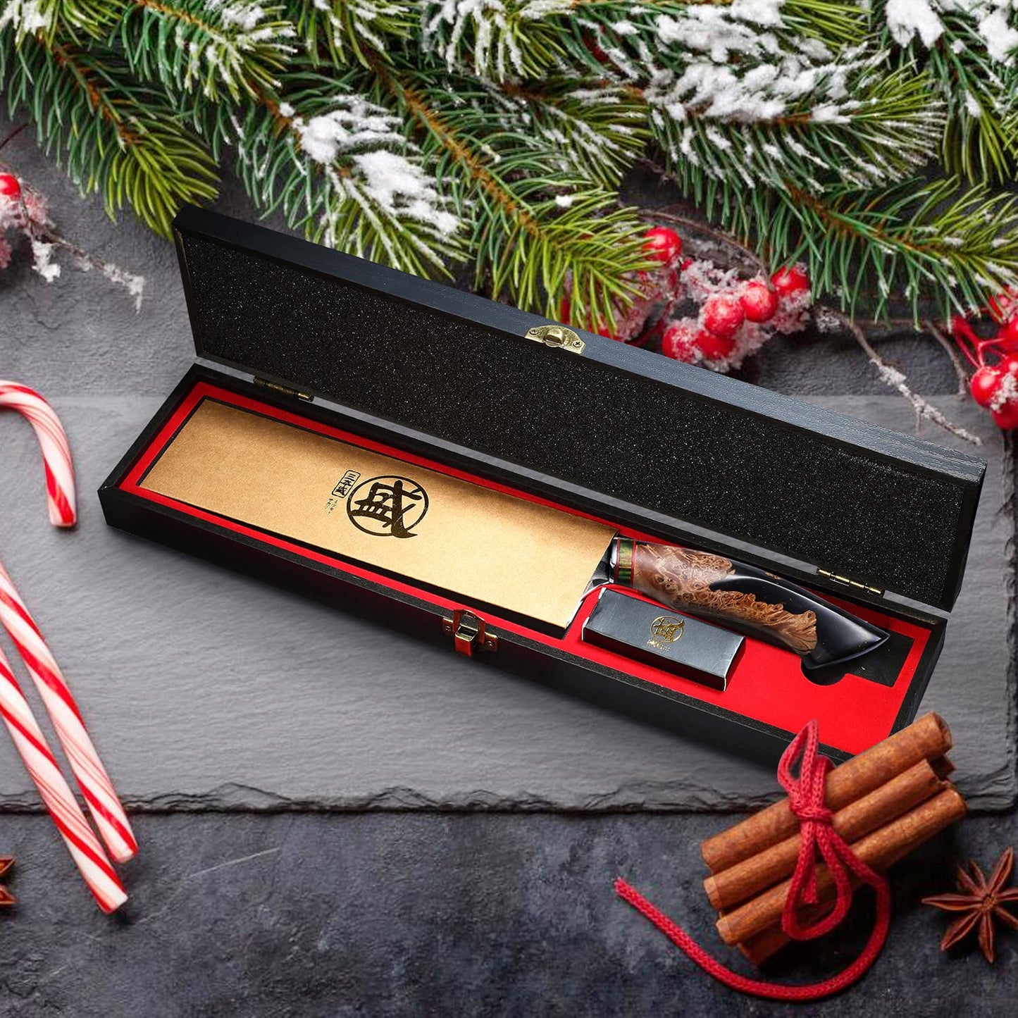 MITSUMOTO SAKARI 8 Inch Gyuto Chef Knife - Professional Japanese Kitchen Knives, Hand Forged 7-Layer 440C Damascus Steel, MapleWood Handle & Sandalwood Box