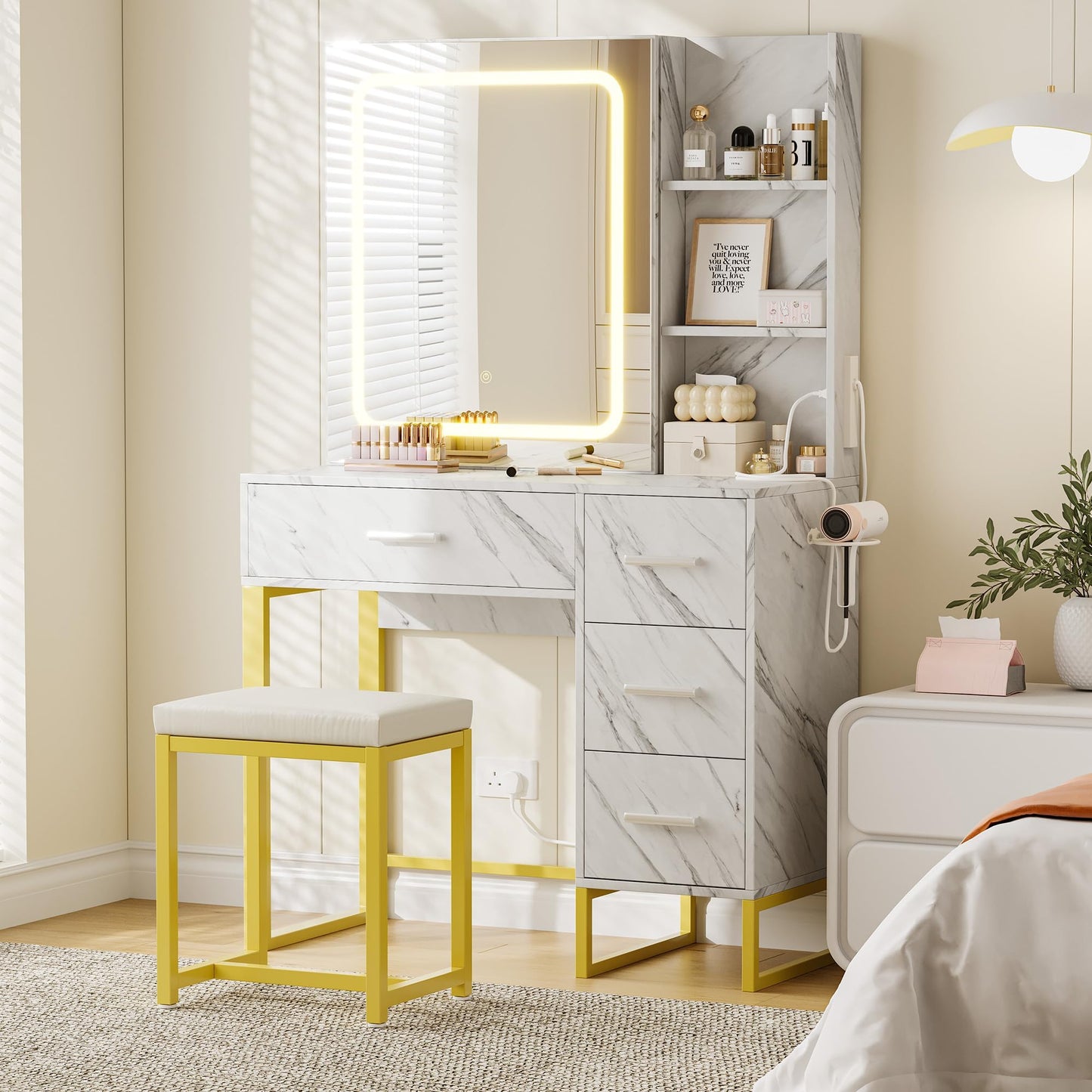 GAOMON 57'' Large Vanity Desk with Mirror & Lights, Makeup Vanity Table with Charging Station, 3 Lighting Modes, Elegant Vanity Set with 4 Drawers and Shelves, Cushioned Stool,Marble White