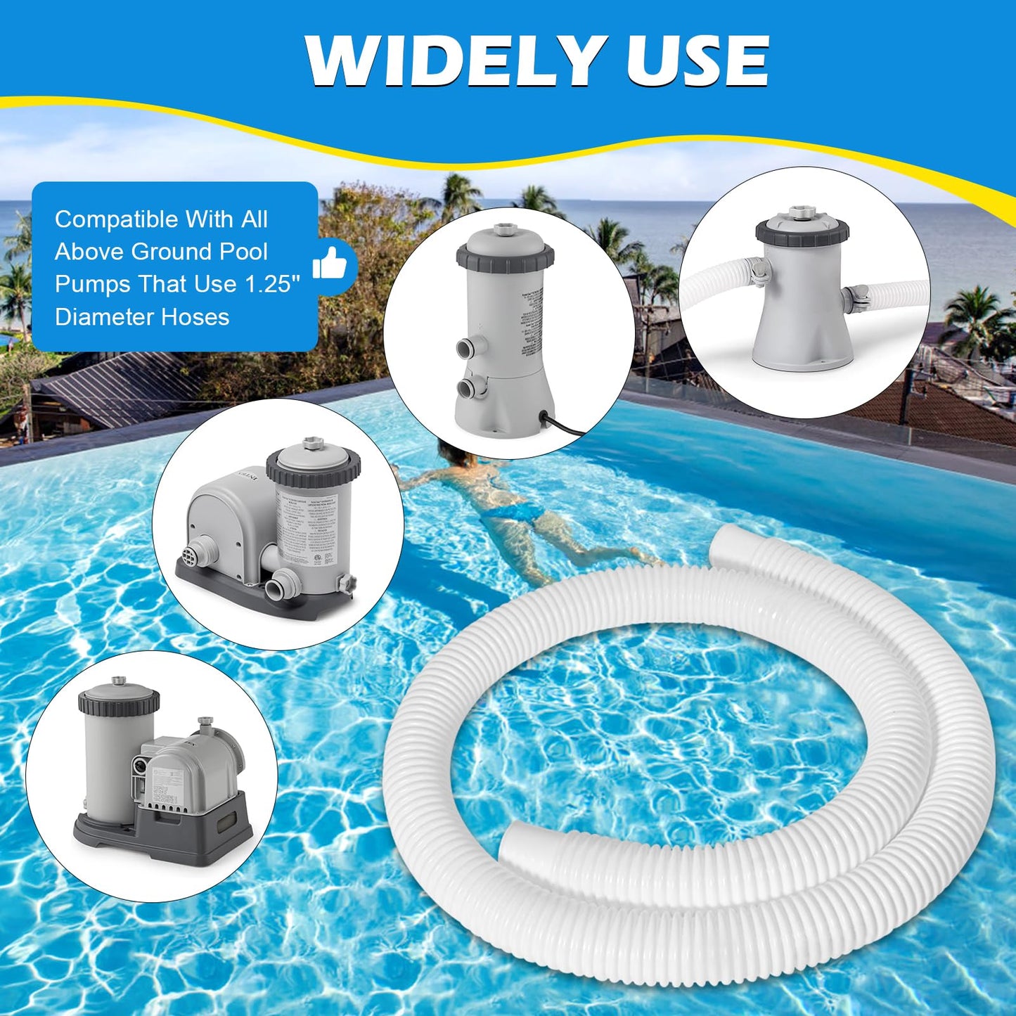2 Pcs 1.25" Pool Hose, 59" Long Accessory Pool Pump Replacement Hoses, Compatible with All Above Ground Pool Filter Pumps that Use 1 1/4 Diameter Hoses
