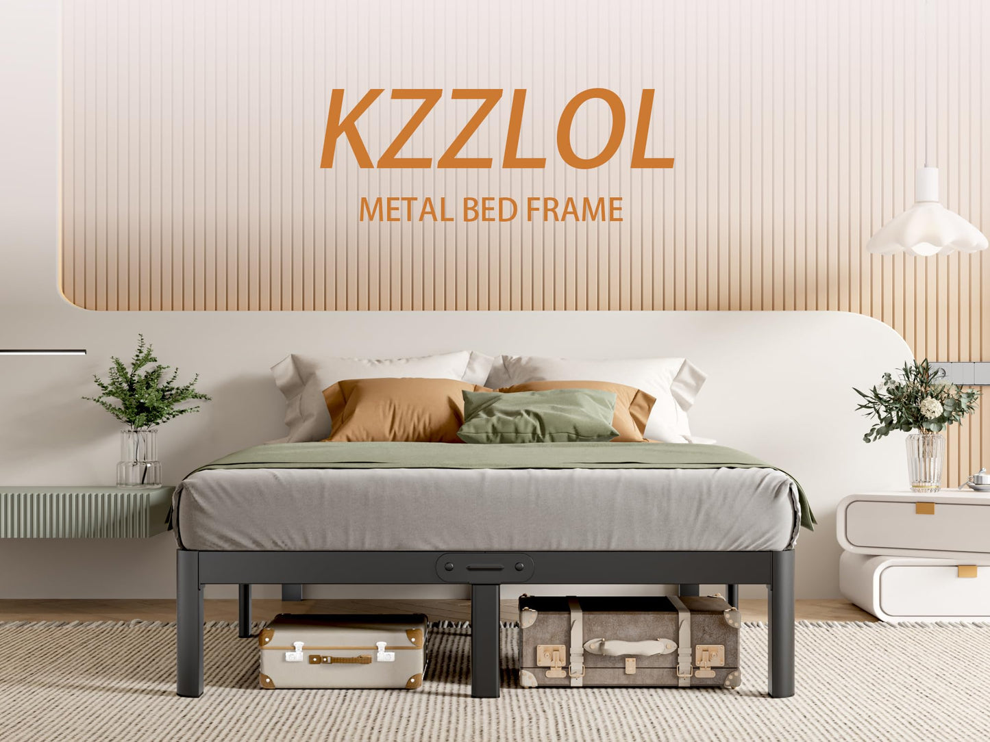 KZZLOL Black Bed Frame Queen Size 14 Inch, Metal Queen Bed Frame No Box Spring Needed, DIY Headboard Holes, Heavy Duty Steel Support 3500 LBS, Noiseless, Round Corner Leg, Storage Space, Easy Assembly