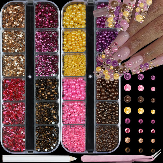 SEMATA 2Boxes Pink Nail Pearls Rhinestones for Nail Art Gems Multi Sizes Purple Yellow Flatback Pearls Charms for Nails Art Design Gems for Nails Decoration Charm Set for Women