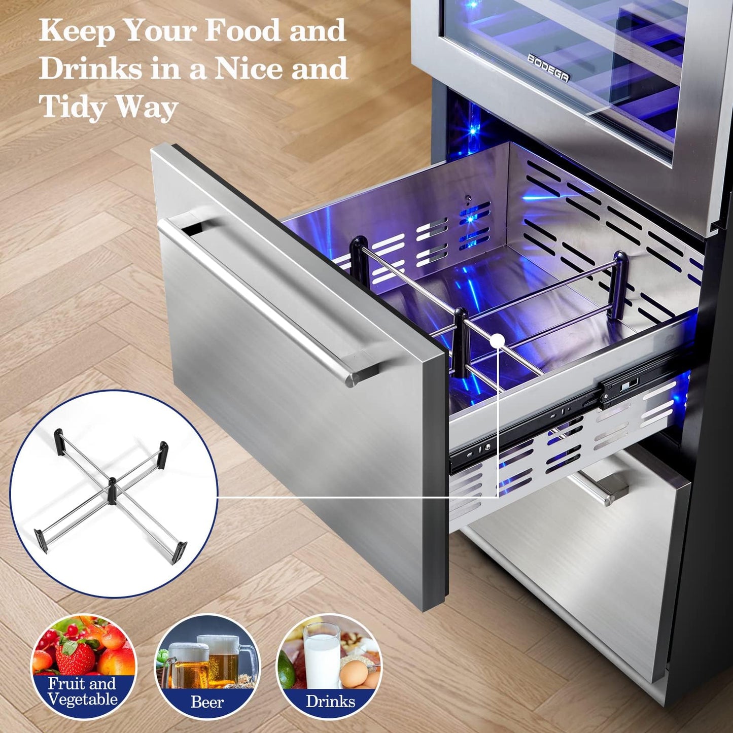 BODEGA Wine and Beverage Refrigerator, 24 Inch 2 IN 1 Dual Zone Wine Cooler,Built-in or Freestanding Beverage Cooler, Soft LED Light Hold 88 Bottles and 149 Cans, silvery