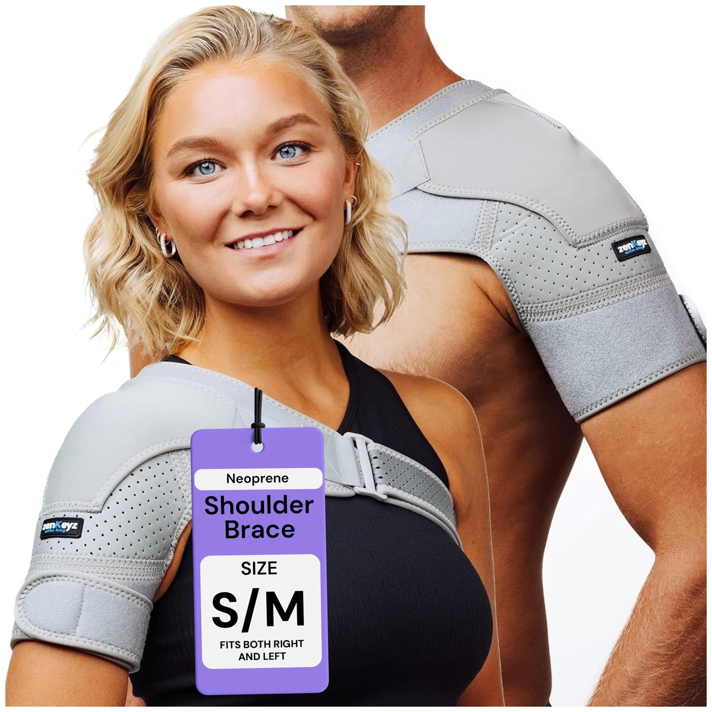 ZENKEYZ Shoulder Brace for Men & Women - Size S/M (Chest 28-38") - Gray Neoprene Compression Sleeve - Adjustable Strap for Rotator Cuff & Joint Stability - Integrated Ice/Heat Pocket - Ambidextrous Support"