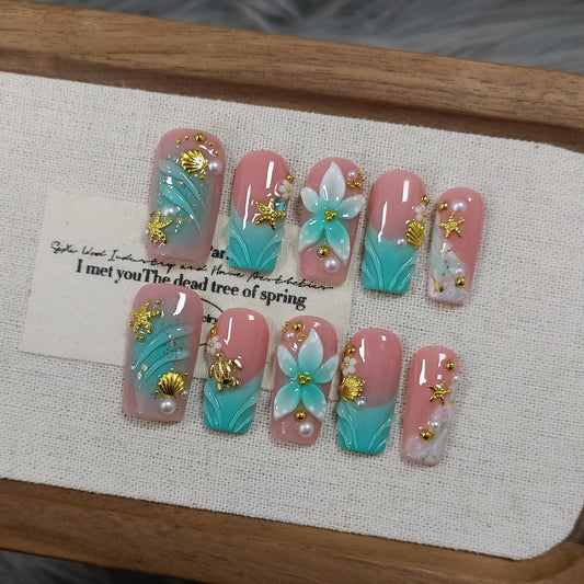 TENPAL Handmade Coffin Press on Nails Medium- Emerald Green Blushing Ombre Fake Nails with 3D Starfish & Shell Design, Coastal Elegance Style Glossy Acrylic Flowers False Nails with Tools(S)