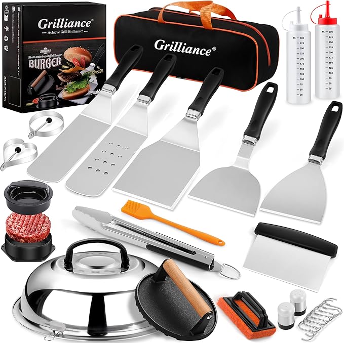 Grilliance 27pcs Griddle Accessories Kit for Blackstone, Professional Hibachi Flat Top Grill Tools, Enlarged Spatula Gift Set with Basting Coverï¼Burger Press Patty Maker for Outdoor BBQ Teppanyaki