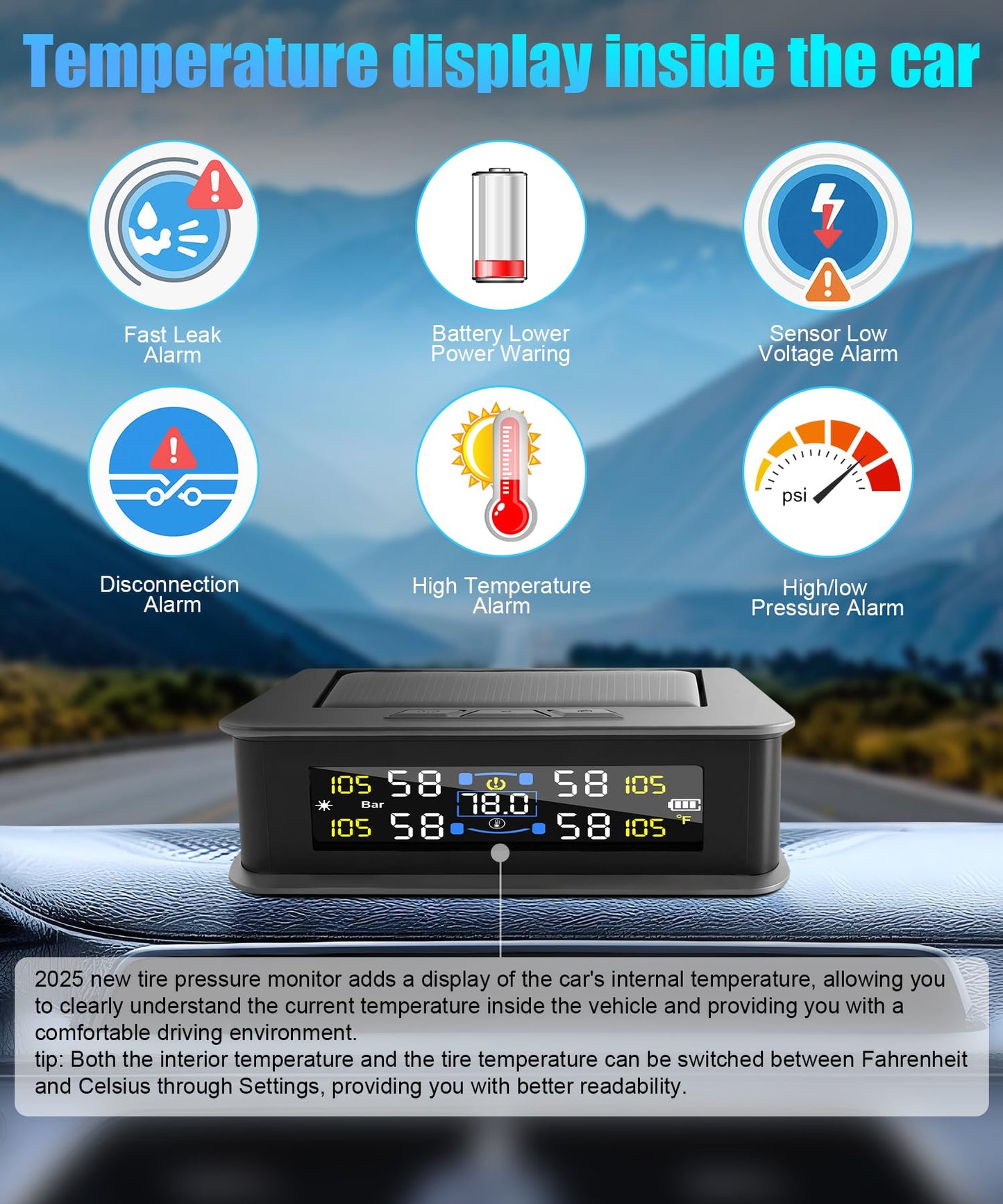 Tire Pressure Monitoring System, RV Tire Monitoring System with Solar Charge Tire Pressure Monitor Real-Time Display 2025 Updated tire pressure monitor system Interior Temperature Display for Rv Suv