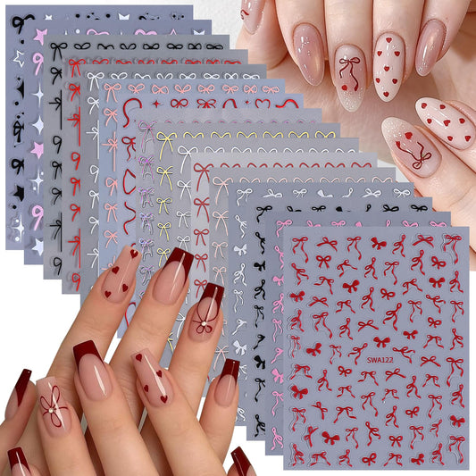 Bow Nail Art Stickers Decals 16 Sheets Red Ribbon Stickers for Nails Cute Gold Silver Pink Black White Bows Decals 3D DIY Self-Adhesive Nail Designs Manicure Decorations Accessories for Women