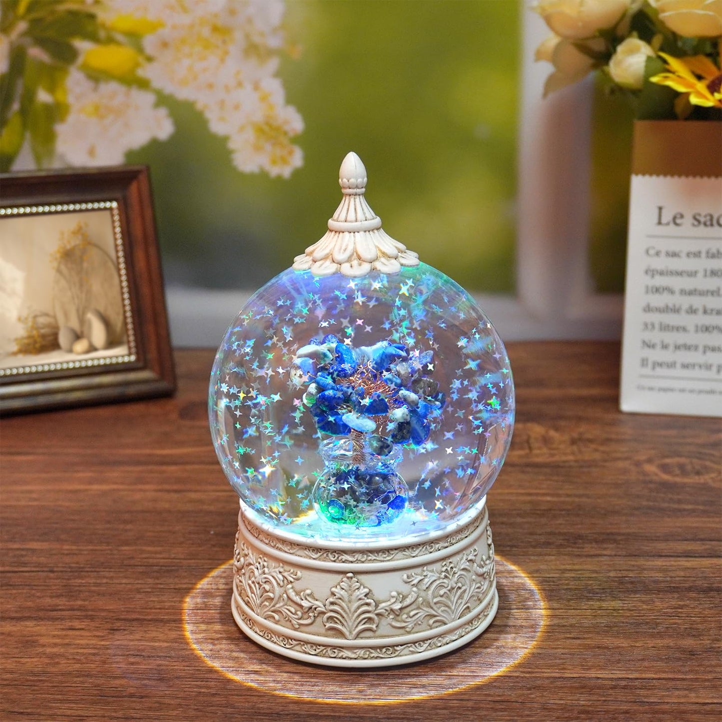 Lapis Lazuli Healing Crystal Tree Globe with Colorful Lights Sparkling Glitter, Natural Gemstone Base, Spiritual Meditation, Positive Energy Good Luck, Home Decor, Birthday Gifts (Lapis Lazuli)