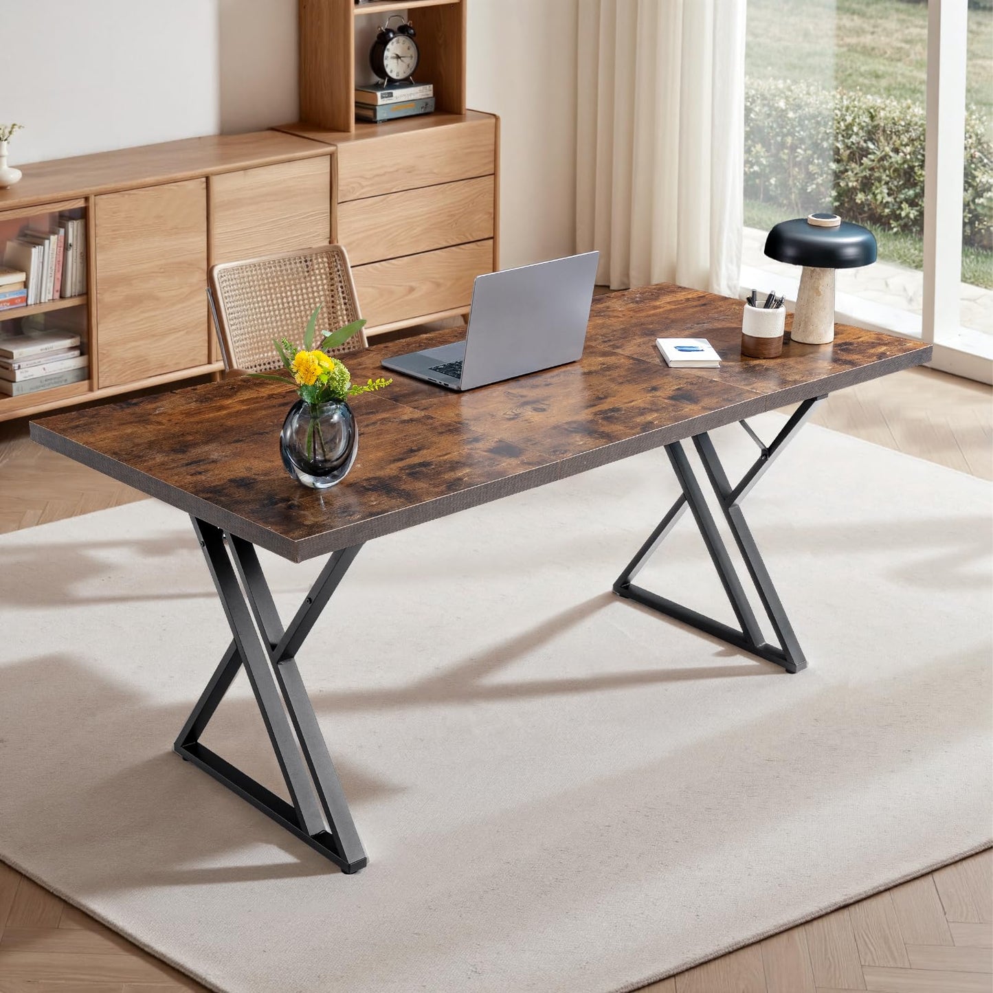 Younhomedge 70.9Inch Office Desk, Executive Office Desk，Modern Industrial Style, Z-Shaped Table Legs, Country Black Wood Grain Top, for Home Office, Study, Conference (Iron Wood)