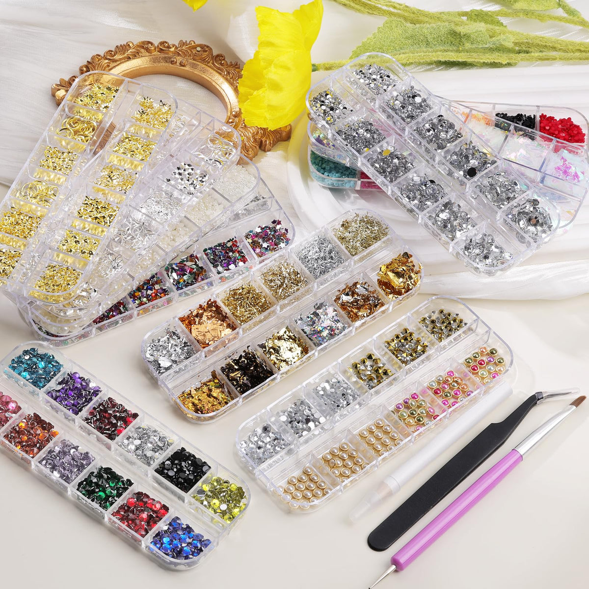 10 Boxes Nail Rhinestones Gems Kit,Gold/Silver Metal Studs,Mixed Sizes Flatback Crystals Rhinestones,Half Pearls,Sequins,Foil Flakes with Tweezers & Dotting Tools for DIY Manicure