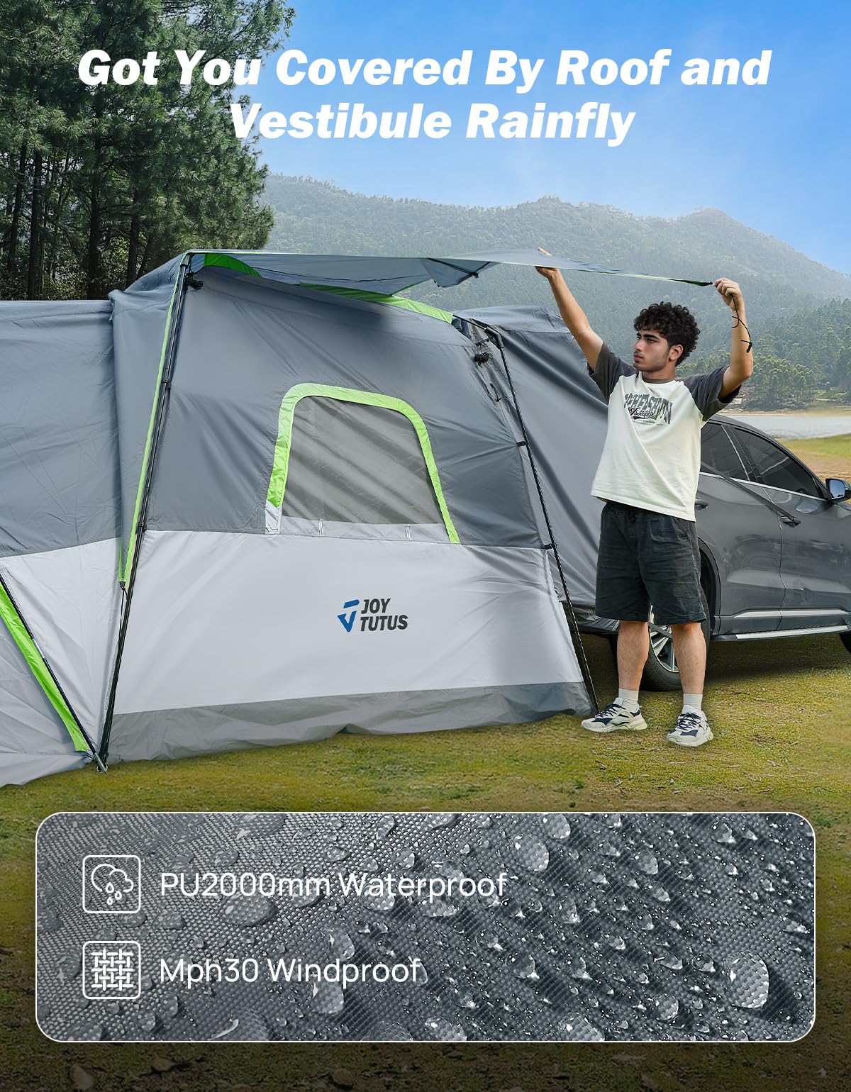 JOYTUTUS SUV Tent with Screen Porch and Awning for Family Camping, 60% More Space Car Tent for 5-9 Person, Dual-Use SUV or Camping with Rainfly, Double Door, Starry Sky Roof, Fit for SUV Car Van
