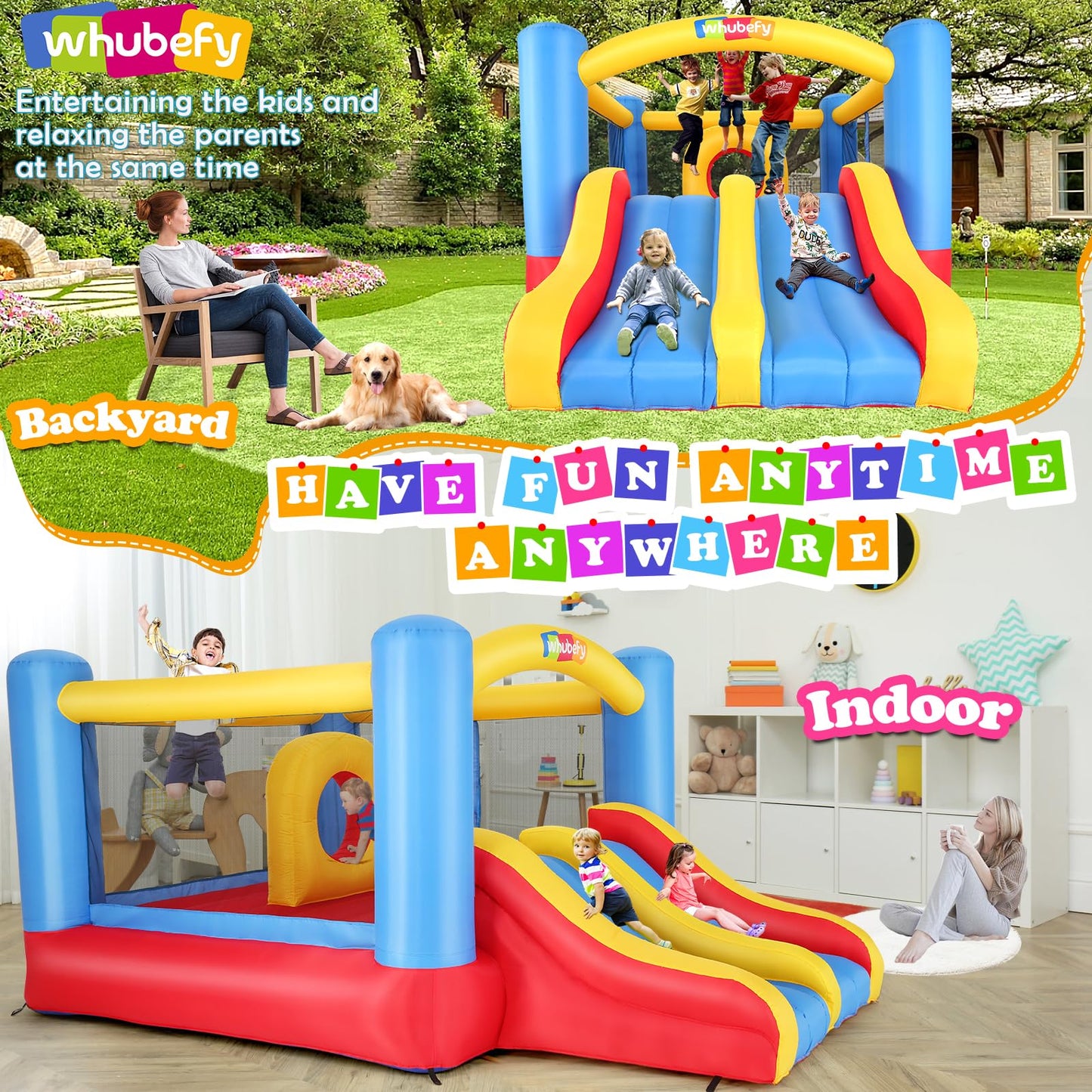 Whubefy Bounce House for Kids 3-6 Big Kids 8-12, 12.6FTx9FT Inflatable Bounce House with Blower Double Slide Obstacle, Indoor Outdoor Blow up Bouncy Castle Jump House for Family Backyard Party Gift