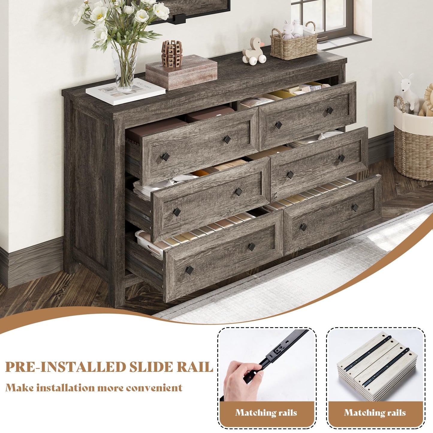 AMERLIFE 54" Wood Dresser with 6 Drawers, Farmhouse Chest of Drawers & Storage Dresser for Bedroom Furniture, Wide Drawer Organizer for Closet, Rustic Grey, Hallway