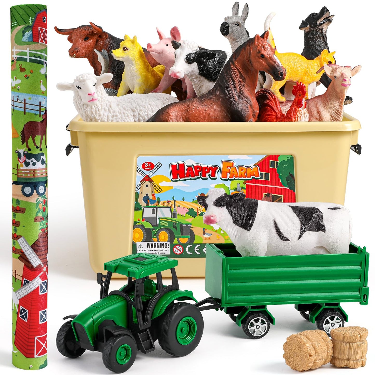 WAIIW Farm Animal Toys for Toddlers,38 PCS Realistic Animal Figurines Toys with 47.2”x31.4” Large Activity Play Mat and Tractor Toy,Farm Playset Educational Learning Toy for Toddlers Kids 3-5