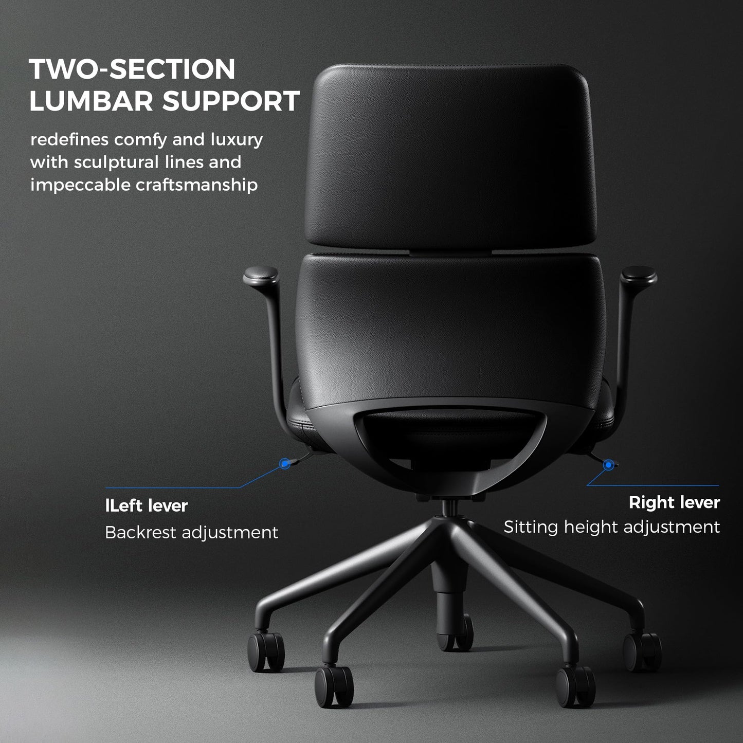 TOMU Genuine Leather Office Desk Chair with Wheels, Ergonomic Leather Executive Chair, Mid Back, Swivel Base with Adjustable Tilt, Modern Style, Luxury Aluminum Frame (Black)