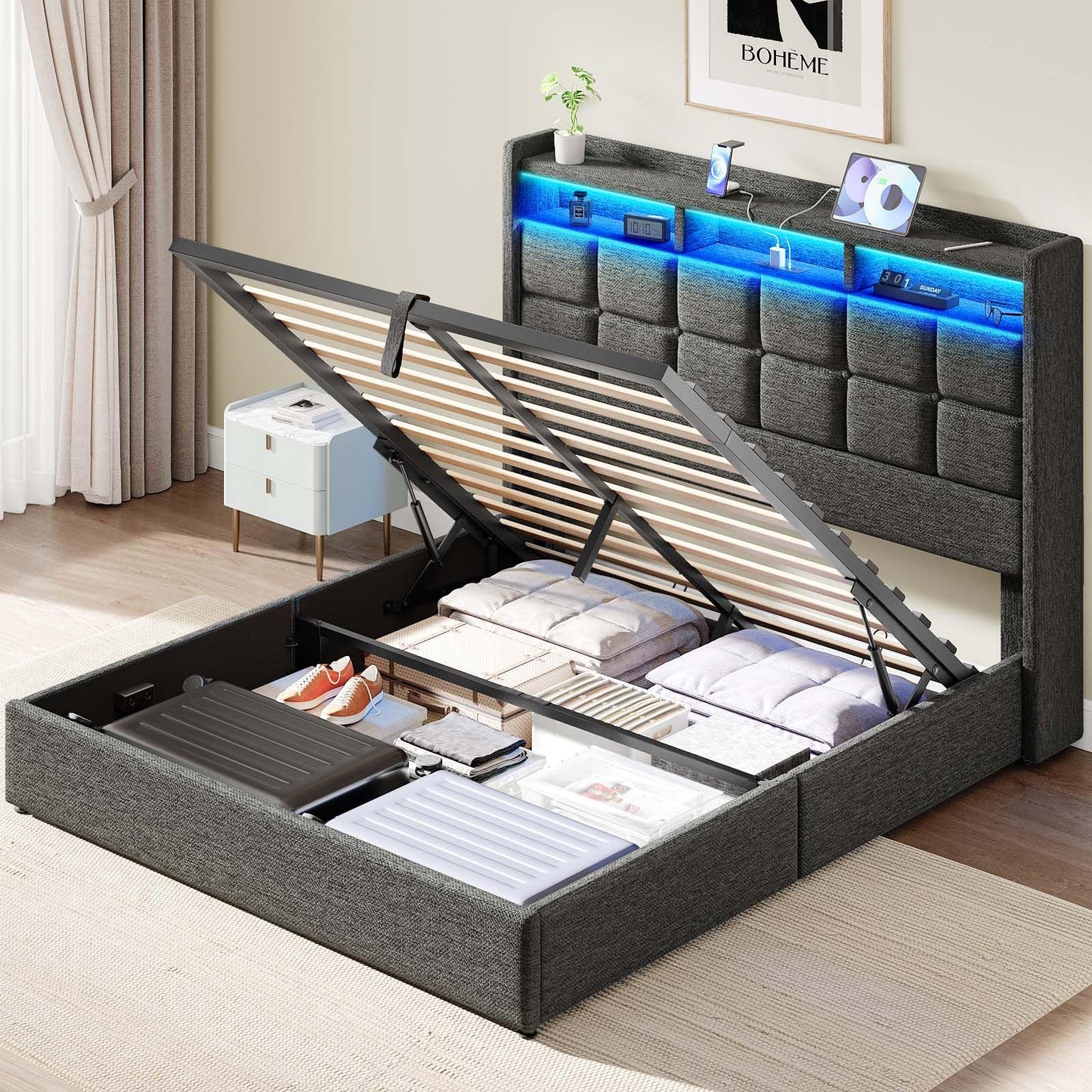 Driftalia Lift Up Queen Bed Frame with Storage, Upholstered Bed Frame Queen Size with LED Lights Headboard and Charging Station, No Box Spring Needed, Easy Assembly - Dark Grey