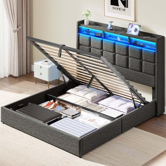 Driftalia Lift Up Queen Bed Frame with Storage, Upholstered Bed Frame Queen Size with LED Lights Headboard and Charging Station, No Box Spring Needed, Easy Assembly - Dark Grey