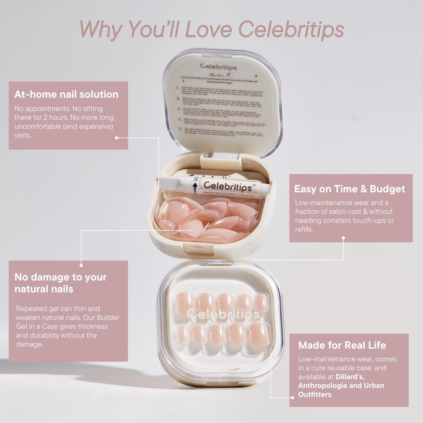 Celebritips Press On Nails - Salon U-ltimate™ | Clean Pink, Short Almond Nails, Reusable | 16 sizes - 32 Nails Kit with Glue and Sticky Tabs