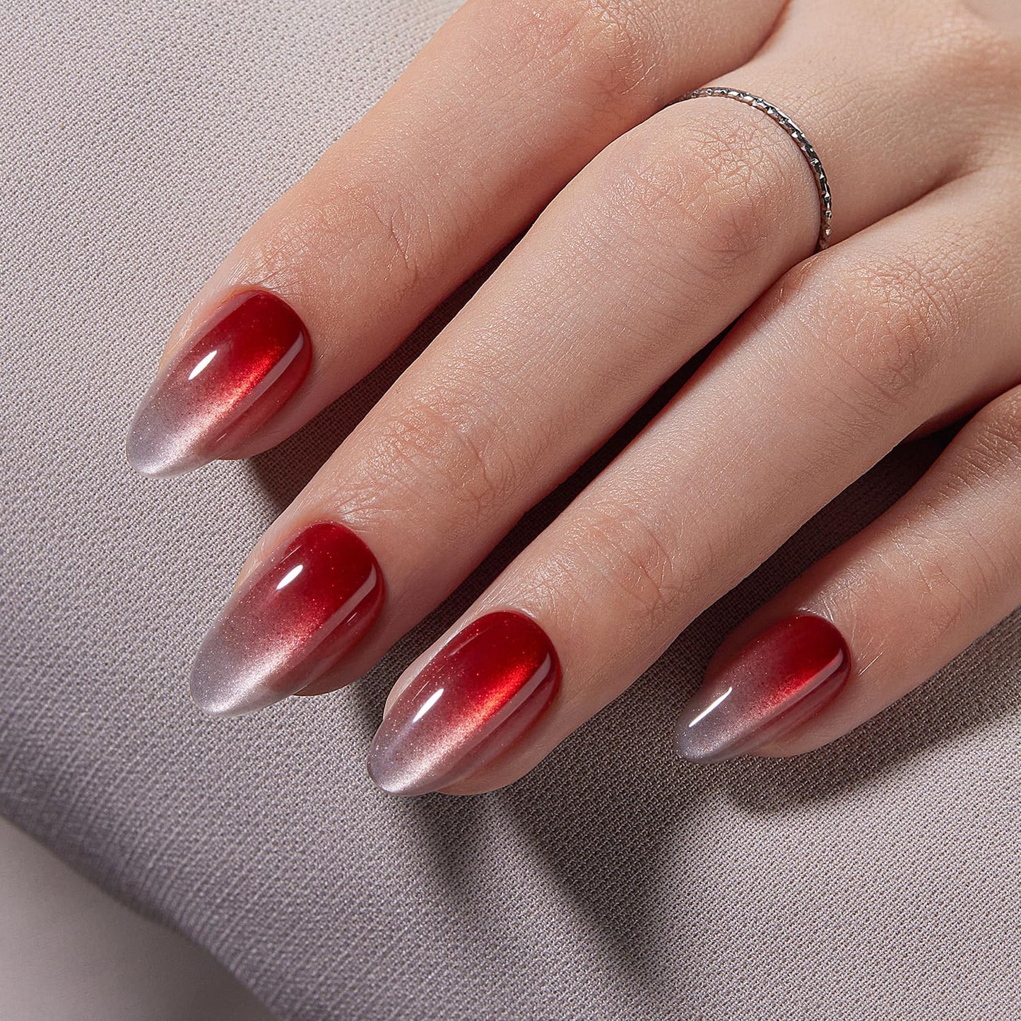 VSALON Press On Nails Short Almond, Cherry Red Cat Eye Spring Glue on Ombre Chrome Fake Nails With UV Cure Glue, Reusable Salon Quality Summer Stick On Nails False Nails Kit, 32 Pcs 16 Sizes