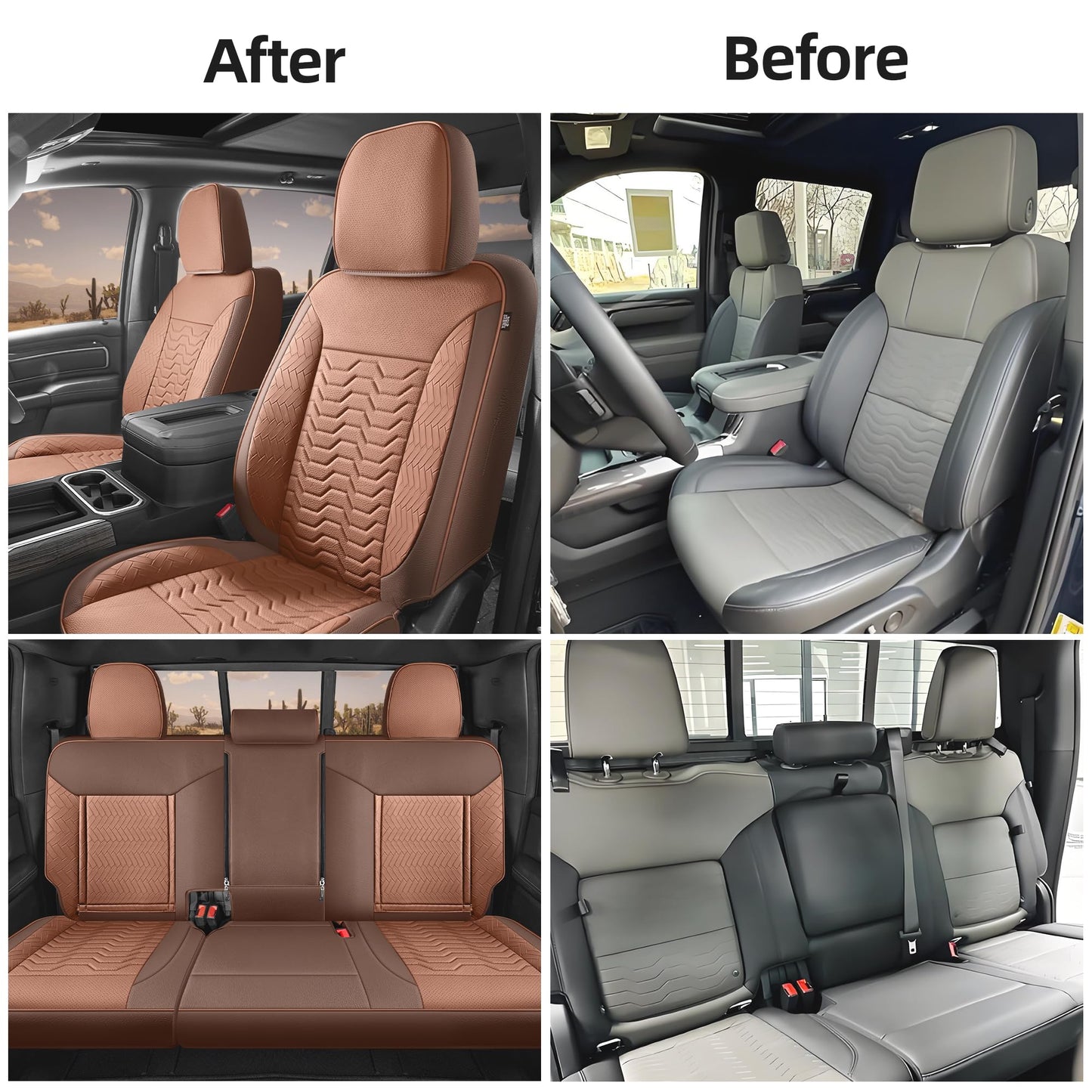 Red Rain Brown Leather Car Seat Cover for Chevy Silverado 2019-2025 1500 2500 3500 Crew Cab Double Extended Regular Cab LT LZT RST Trail Boss, GMC Sierra 2020-2026 (Silverado-Brown+Orange-2019/2025)