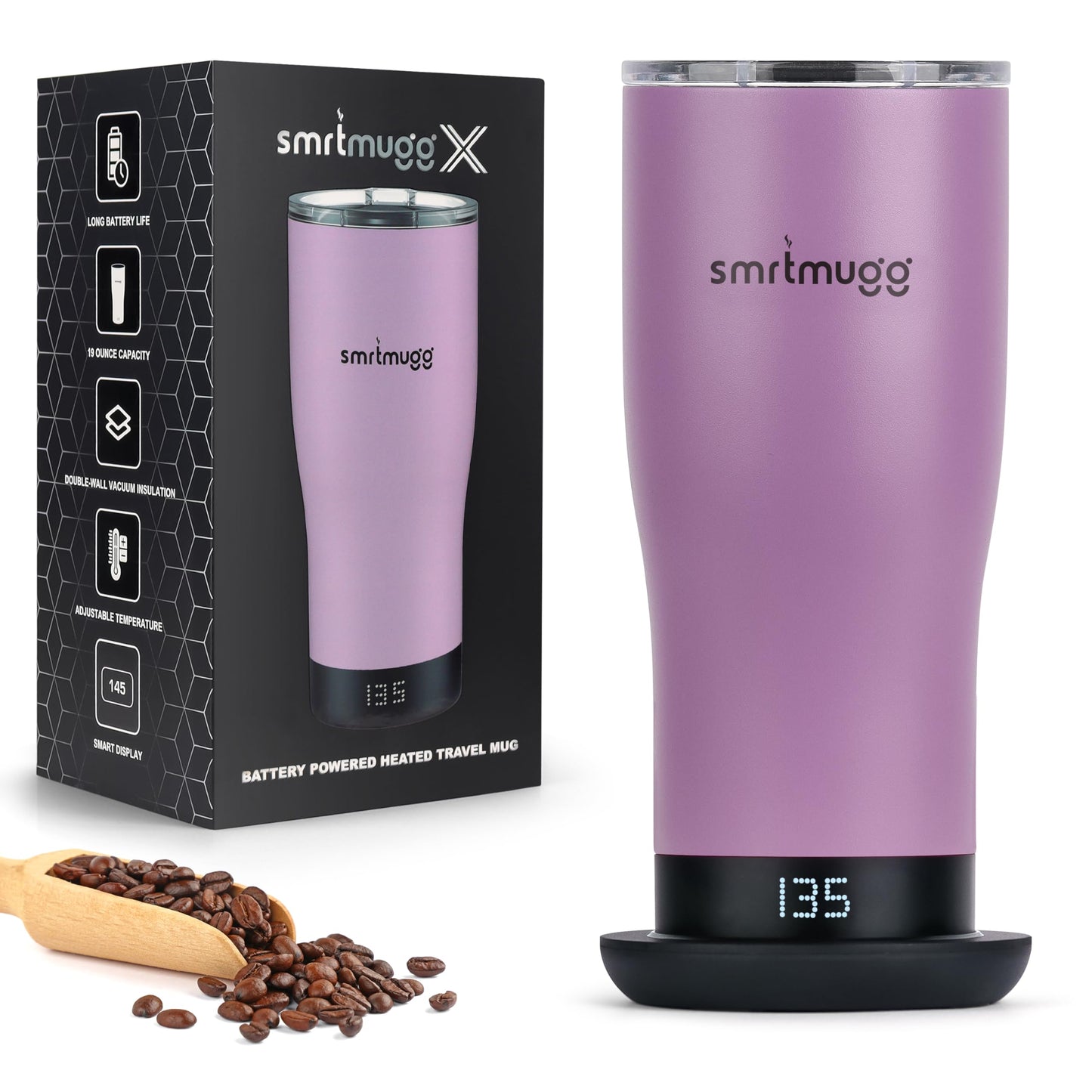 SmrtMugg X Heated Coffee Mug 19 oz., 8 Hour Battery Life, Self-Heating, Adjustable Temp Controlled, LCD Screen, Includes Cover with Magnetic Slider (Black) (Lilac)