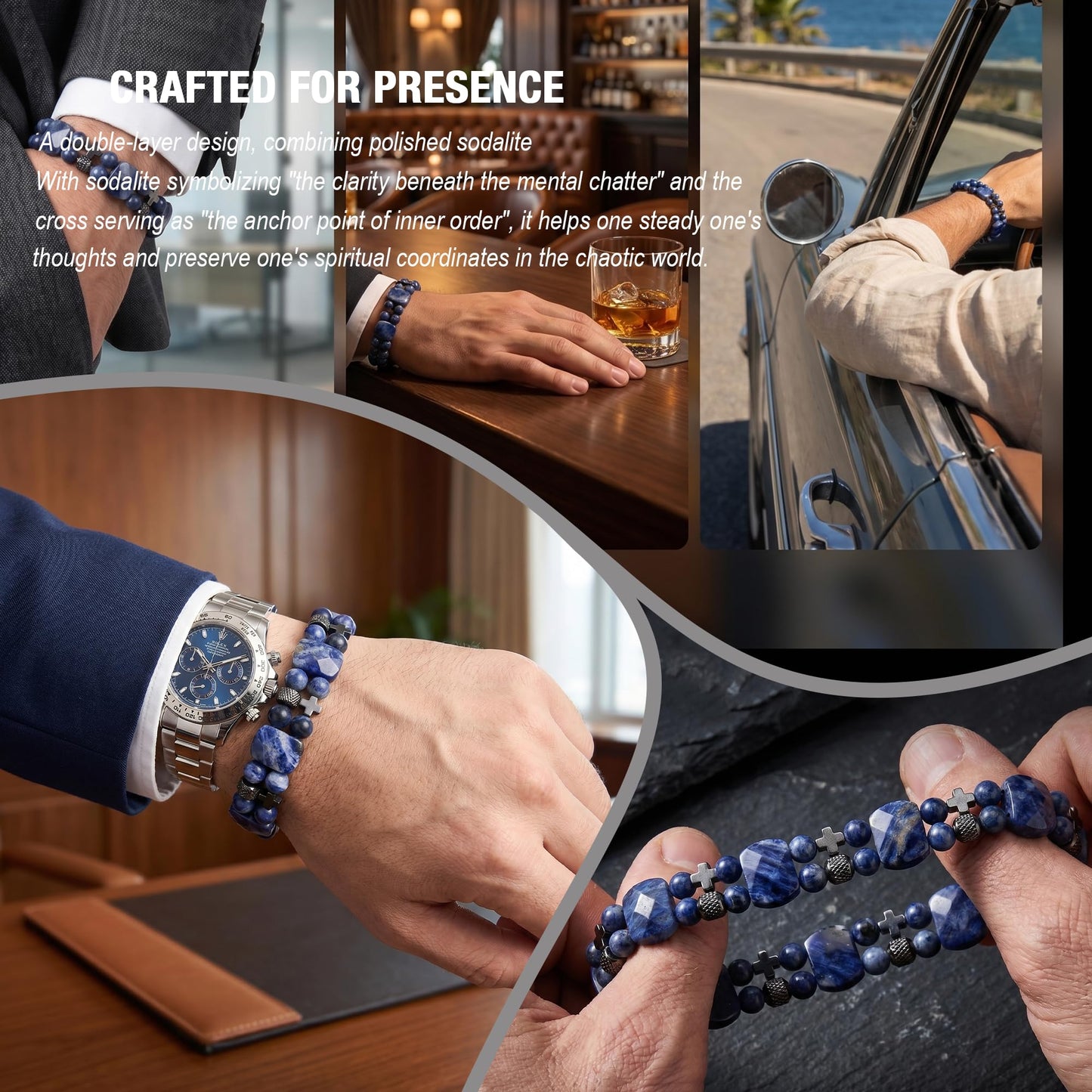Christian Gifts for Men, Jesus Cross Bracelet for Men Handmade Double Elastic Beaded Bracelets Natural Crystal Gemstone Religious Jewelry for Boyfriend Husband Birthday Anniversary (Sodalite)