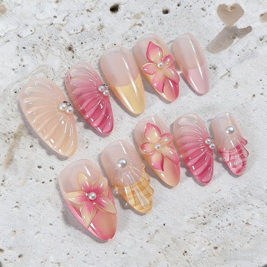 24pcs Pink Press on Nails Medium Almond Fake Nails with 3D Flower Pearl Designs Stick Nails Cute French Gradient Flowers False Nails Spring Summer Beach Floral Acrylic Nails for Women Nail Supplies