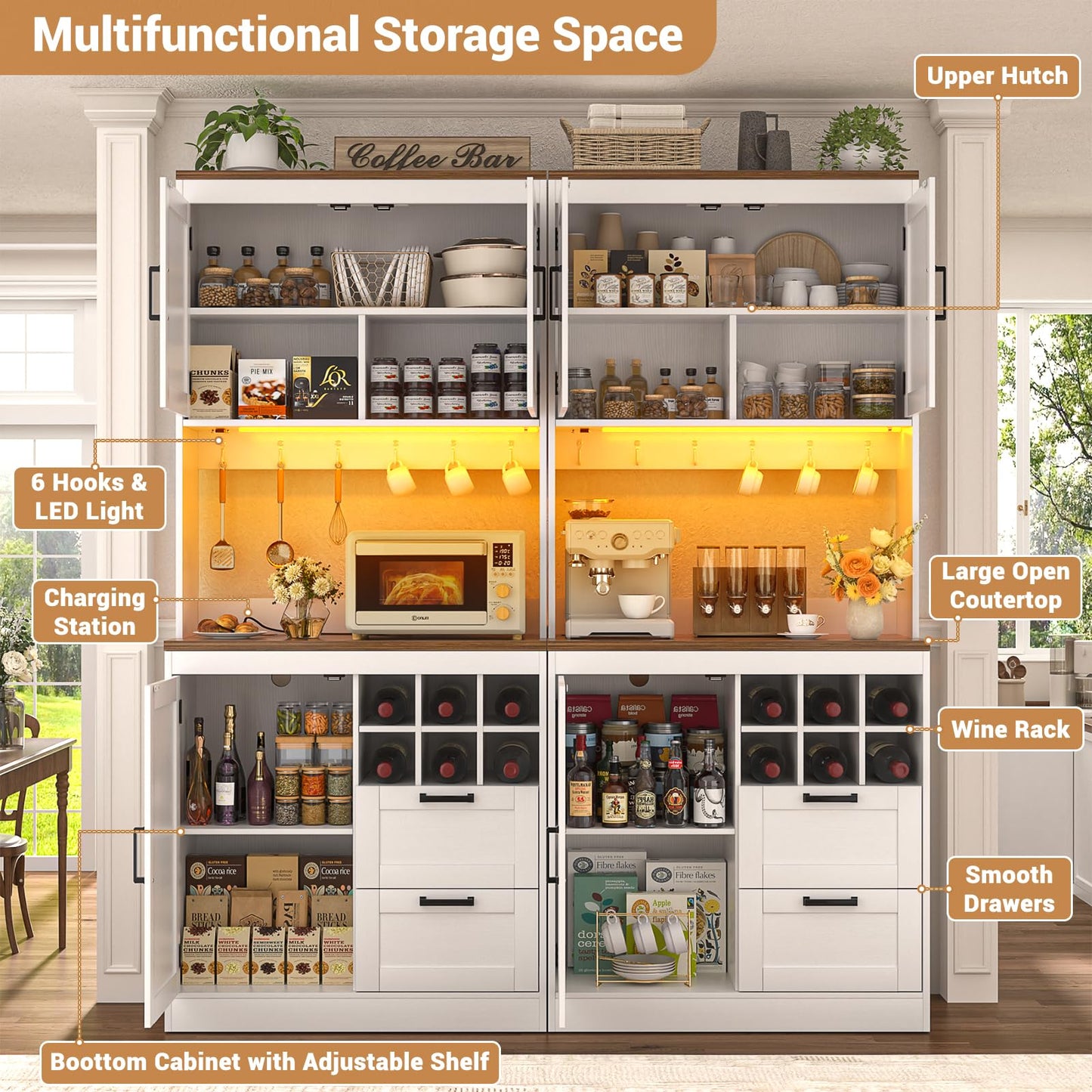 Unikito 72" Tall Pantry Cabinet, Kitchen Pantry Storage Cabinet with LED Light & Outlet, 63" Wide Kitchen Hutch Bar with Microwave Stand, Drawers, Wine Rack & Shelves, Cupboard for Dining Room, White