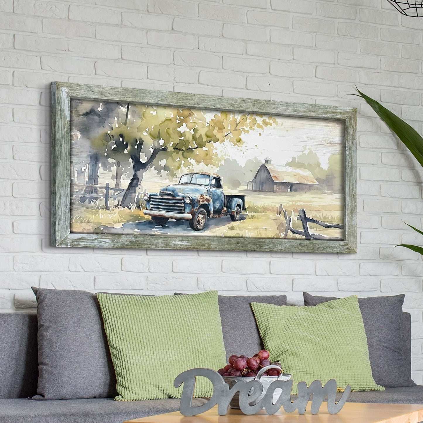 Framed Rustic Barn Wall Art: Large Farm Wooden Country Farmhouse Truck Painting Picture Old Car Countryside Field Landscape Print Artwork for Living Room Bedroom Home Office Decor 48" x 24"