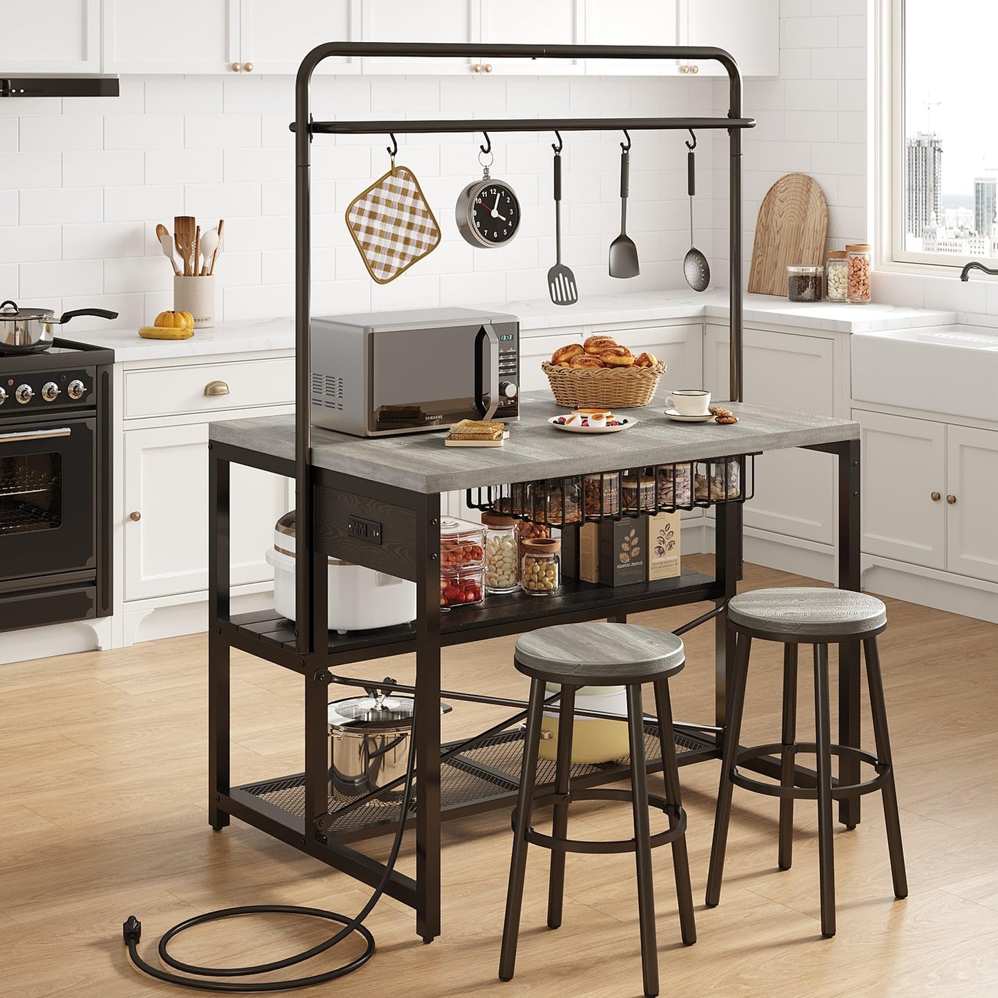 46" Large Kitchen Island Table Baker Rack with Power Outlet and 3-Tier Storage-Microwave Stand Oven Shelf, Metal Coffee Bar Table,Kitchen Storage Shelf for Dining Living Room, 5 Hooks,Grey