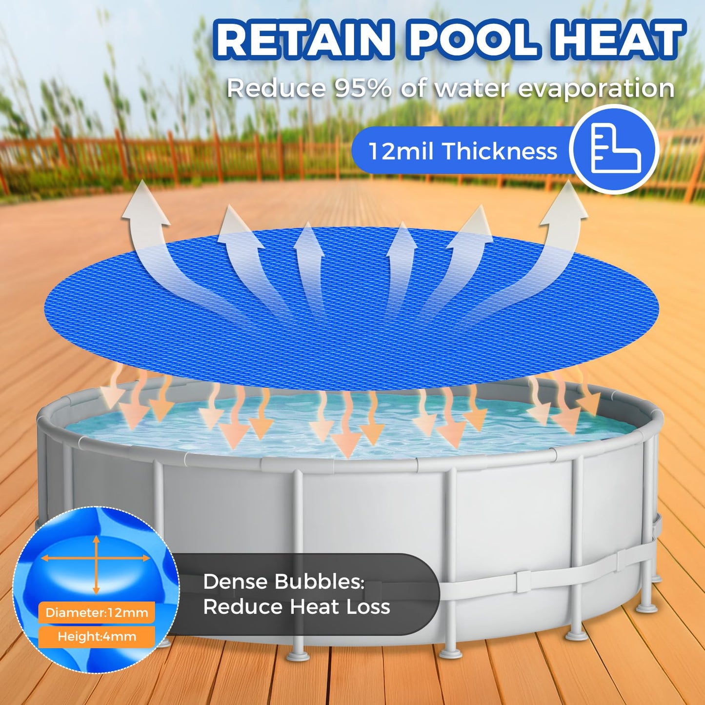 KETNET Solar Pool Cover 8 ft Round for 6-24ft Above Ground Inground Pools, Hot Tub Spa Thermal Heating Bubble Wrap Covers, 12 Mil Heavy-Duty Circle Blue Floating Blanket Mat for Swimming Pools
