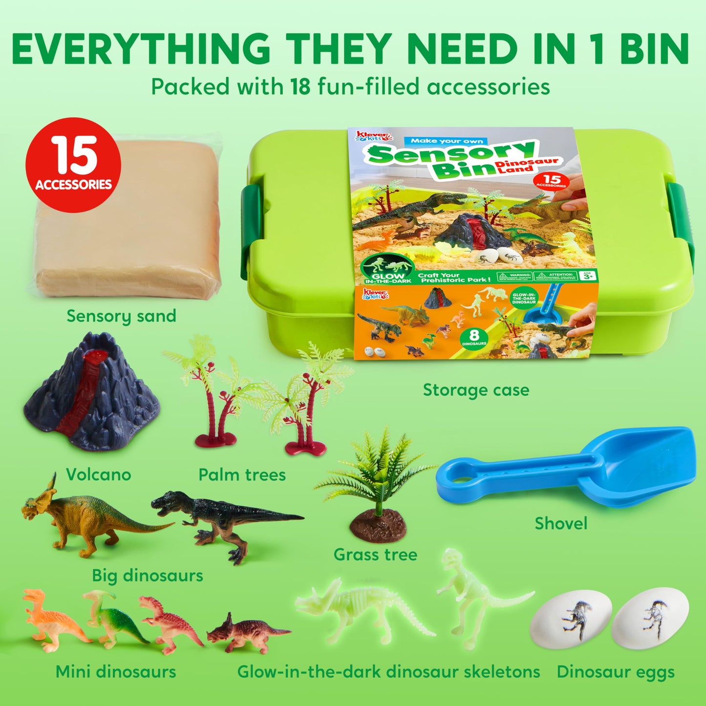 JOVA Klever Kits Dinosaurs Sensory Bin Toys for Toddlers with Glow in The Dark Dinosaurs, Sandbox with Lid Sand, Preschool Learning Activities Gifts for Boys Girls Age 3+