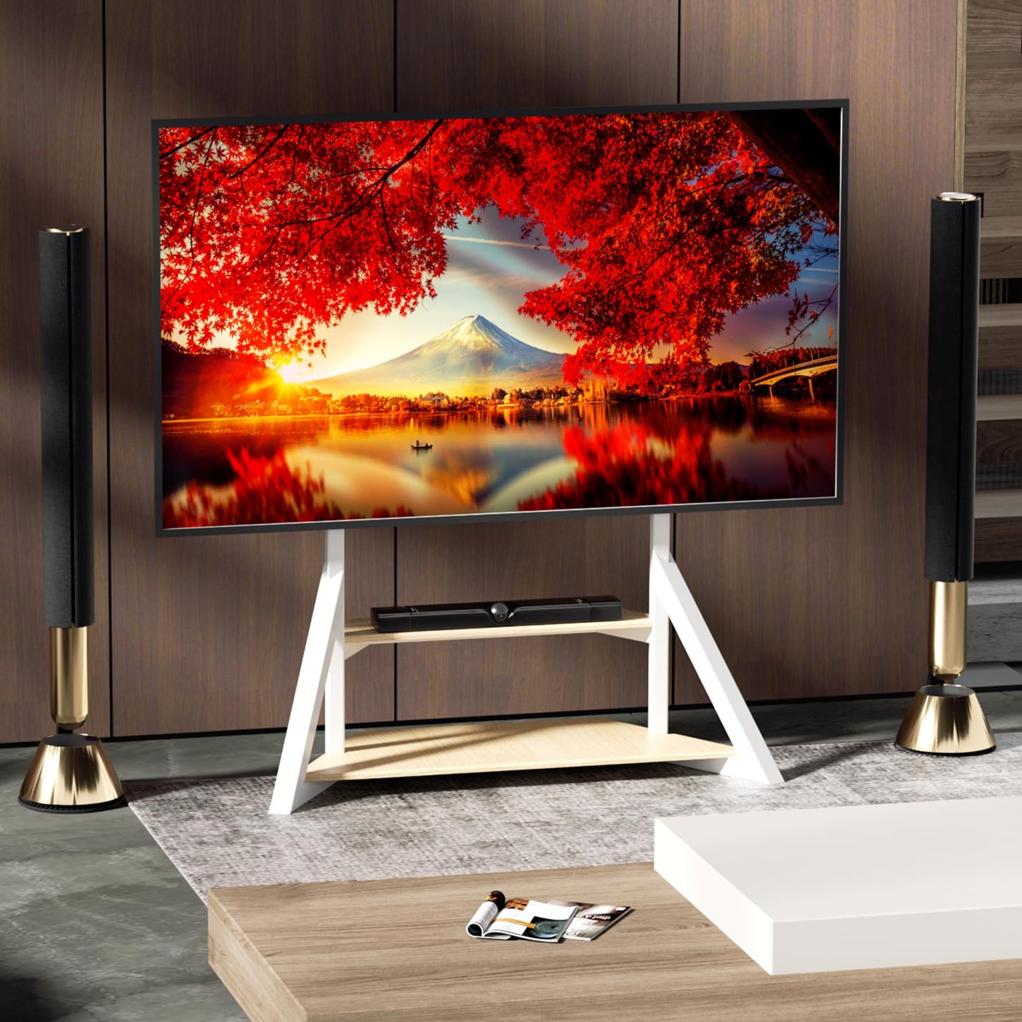 unho White TV Floor Stand with Wheels Shelves for 65 to 100 inch Large LCD/LED Flat Curved Screen up to 220lbs, Adjustable Heights TV Mount Stands VESA 800x600mm, Rolling TV Stand for Bedroom Office